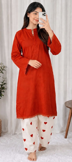 Red and Maroon color Salwar Kameez in Cotton, Rayon fabric with Lace work