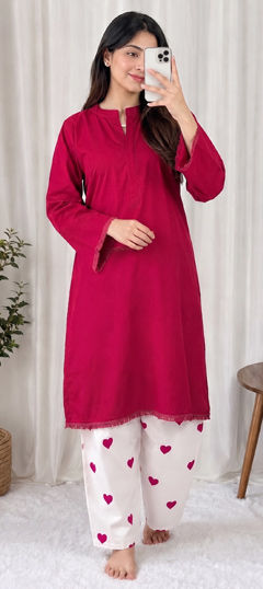 Pink and Majenta color Salwar Kameez in Cotton, Rayon fabric with Lace work