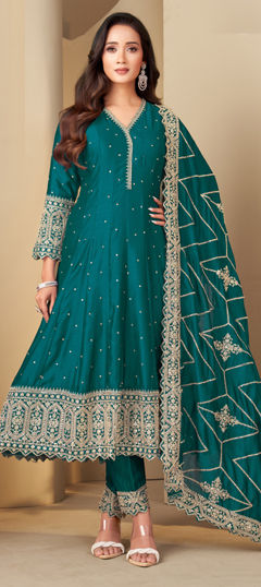 Blue color Salwar Kameez in Silk fabric with Embroidered, Sequence, Zari work