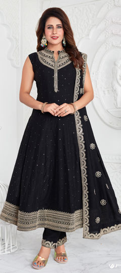 Black and Grey color Salwar Kameez in Silk fabric with Embroidered, Sequence, Zari work