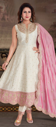 Pink and Majenta, White and Off White color Salwar Kameez in Silk fabric with Embroidered, Sequence, Zari work