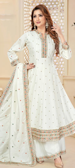 White and Off White color Salwar Kameez in Silk fabric with Embroidered, Sequence, Zari work
