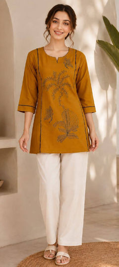 Yellow color Salwar Kameez in Cotton fabric with Lace work