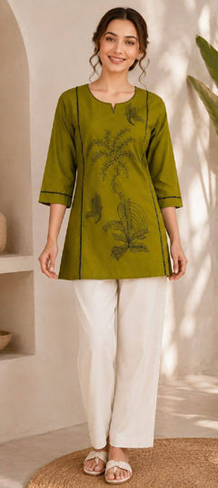 Green color Salwar Kameez in Cotton fabric with Lace work