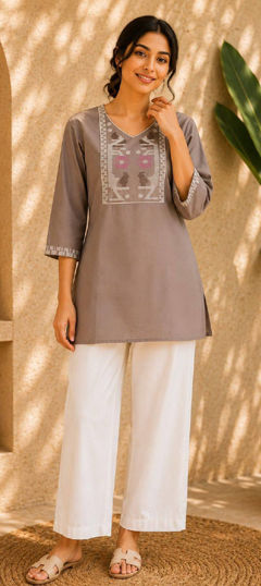 Beige and Brown color Salwar Kameez in Cotton fabric with Embroidered work