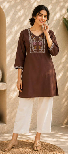 Beige and Brown color Salwar Kameez in Cotton fabric with Embroidered work