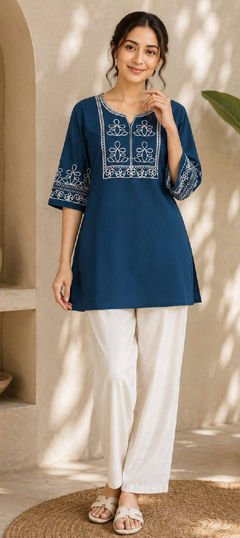 Blue color Salwar Kameez in Cotton Slub fabric with Embroidered work