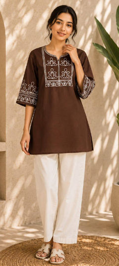 Beige and Brown color Salwar Kameez in Cotton Slub fabric with Embroidered work