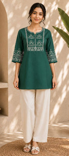 Blue color Salwar Kameez in Cotton Slub fabric with Embroidered work