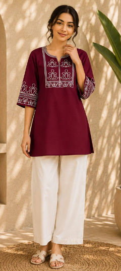 Red and Maroon color Salwar Kameez in Cotton Slub fabric with Embroidered work