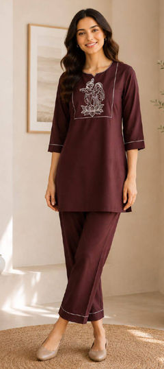 Beige and Brown color Salwar Kameez in Cotton Slub fabric with Embroidered work