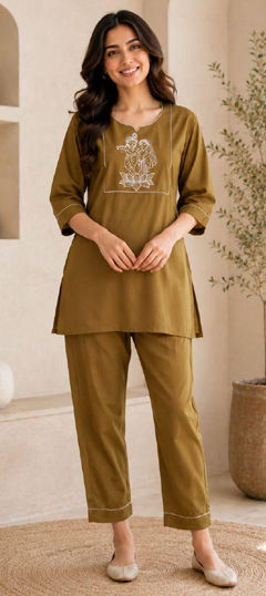 Gold color Salwar Kameez in Cotton Slub fabric with Embroidered work