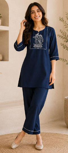 Blue color Salwar Kameez in Cotton Slub fabric with Embroidered work