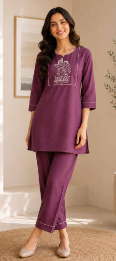 Blue color Salwar Kameez in Cotton Slub fabric with Embroidered work