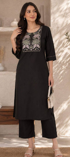 Black and Grey color Salwar Kameez in Flex fabric with Embroidered work