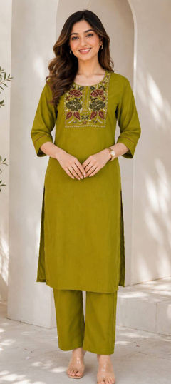 Green color Salwar Kameez in Flex fabric with Embroidered work