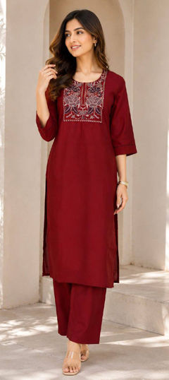 Red and Maroon color Salwar Kameez in Flex fabric with Embroidered work
