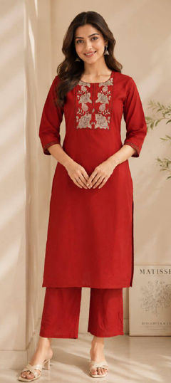 Red and Maroon color Salwar Kameez in Cotton fabric with Patch work