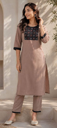 Beige and Brown color Salwar Kameez in Cotton Slub fabric with Printed work