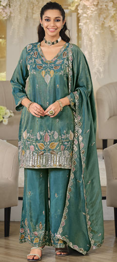 Blue color Salwar Kameez in Roman Silk fabric with Embroidered, Sequence work