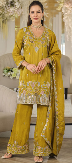 Yellow color Salwar Kameez in Roman Silk fabric with Embroidered, Sequence work