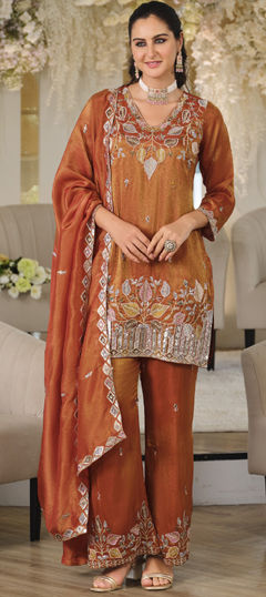 Orange color Salwar Kameez in Roman Silk fabric with Embroidered, Sequence work