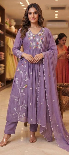 Purple and Violet color Salwar Kameez in Mul Chanderi fabric with Embroidered, Sequence work