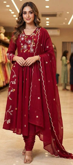 Red and Maroon color Salwar Kameez in Mul Chanderi fabric with Embroidered, Sequence work