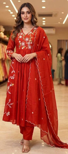 Red and Maroon color Salwar Kameez in Mul Chanderi fabric with Embroidered, Sequence work
