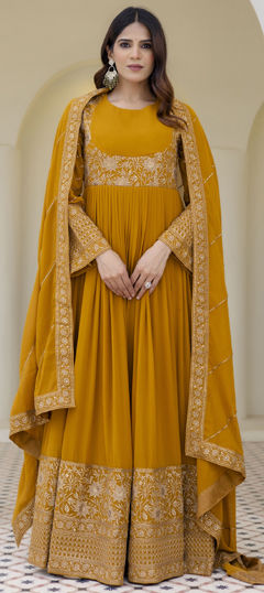 Yellow color Gown in Georgette fabric with Embroidered work