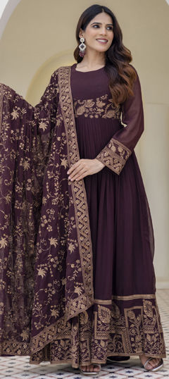 Beige and Brown color Gown in Georgette fabric with Embroidered work