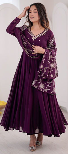 Purple and Violet color Salwar Kameez in Faux Georgette fabric with Mirror work