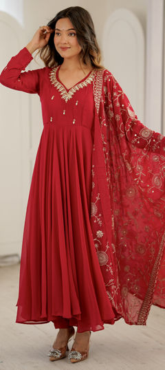 Red and Maroon color Salwar Kameez in Faux Georgette fabric with Mirror work