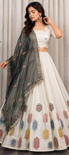 White and Off White color Ready to Wear Lehenga in Roman Silk fabric with Aari, Embroidered, Mirror, Sequence, Thread work