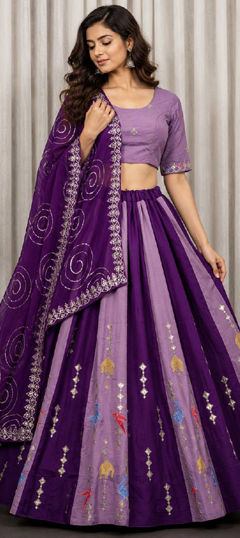 Purple and Violet color Ready to Wear Lehenga in Roman Silk fabric with Aari, Embroidered, Mirror, Sequence, Thread work