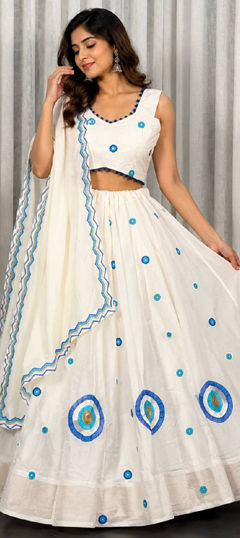 White and Off White color Ready to Wear Lehenga in Silk fabric with Aari, Embroidered, Mirror, Sequence, Thread work