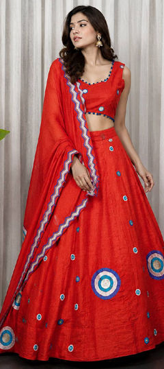Beige and Brown color Ready to Wear Lehenga in Silk fabric with Aari, Embroidered, Mirror, Sequence, Thread work
