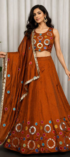 Beige and Brown color Ready to Wear Lehenga in Silk fabric with Aari, Embroidered, Mirror, Sequence work