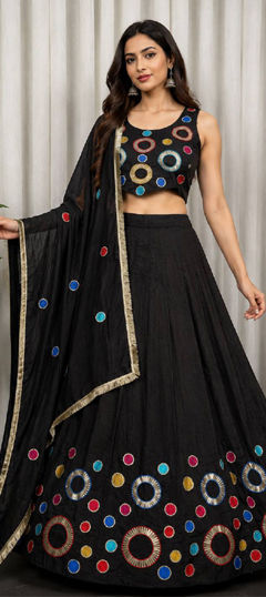 Black and Grey color Ready to Wear Lehenga in Silk fabric with Aari, Embroidered, Mirror, Sequence work