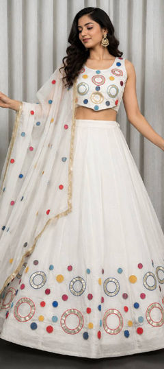 White and Off White color Ready to Wear Lehenga in Silk fabric with Aari, Embroidered, Mirror, Sequence work
