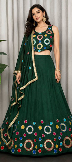 Green color Ready to Wear Lehenga in Silk fabric with Aari, Embroidered, Mirror, Sequence work