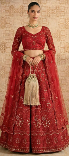 Red and Maroon color Lehenga in Net fabric with Embroidered, Sequence, Stone work