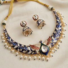 Gold Rodium Polish Blue color Necklace in Metal Alloy studded with CZ Diamond, Pearl