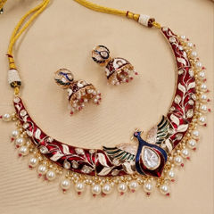 Gold Rodium Polish Red and Maroon color Necklace in Metal Alloy studded with CZ Diamond, Pearl