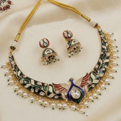 Gold Rodium Polish Green color Necklace in Metal Alloy studded with CZ Diamond, Pearl