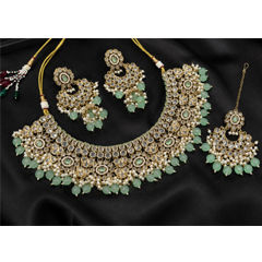 Gold Rodium Polish Green color Necklace in Copper studded with CZ Diamond, Pearl