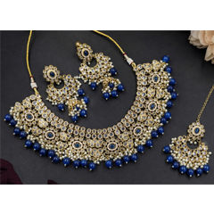 Gold Rodium Polish Blue color Necklace in Copper studded with CZ Diamond, Pearl
