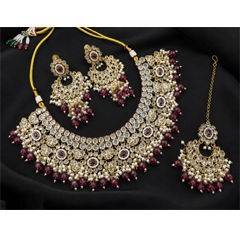 Gold Rodium Polish Red and Maroon color Necklace in Copper studded with CZ Diamond, Pearl