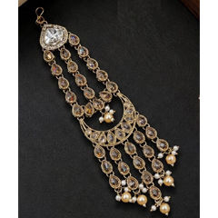 Gold Rodium Polish Beige and Brown color Passa in Copper studded with Kundan, Pearl
