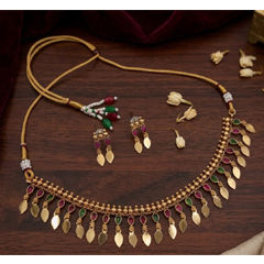 Gold Rodium Polish Green, Red and Maroon color Necklace in Copper studded with Beads, CZ Diamond